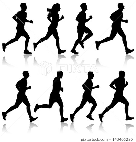 Collection of black silhouettes of male and female runners in different running poses isolated on a white background. Collection of black silhouettes of male and female runners in different running poses isolated on a white background. 143405280