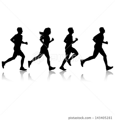 Collection of black silhouettes of male and female runners in different running poses isolated on a white background. Collection of black silhouettes of male and female runners in different running poses isolated on a white background. 143405281