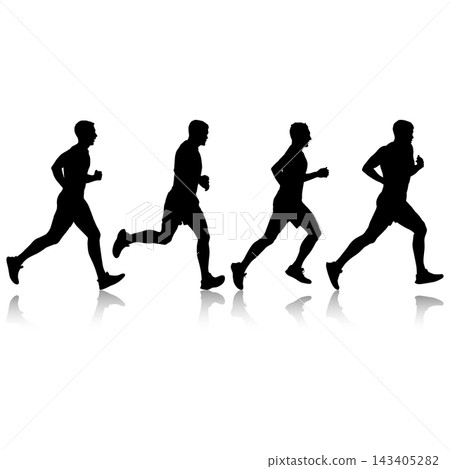 Collection of black silhouettes of male and female runners in different running poses isolated on a white background. Collection of black silhouettes of male and female runners in different running poses isolated on a white background. 143405282