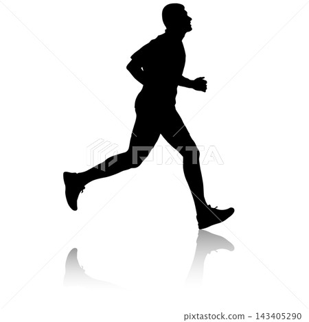 Black silhouette of a male runner in motion isolated on a white background. 143405290