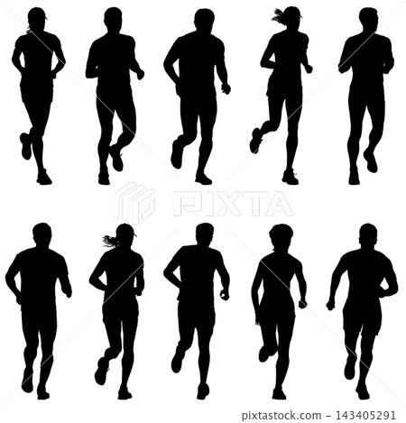 Collection of black silhouettes of male and female runners in different running poses isolated on a white background. 143405291