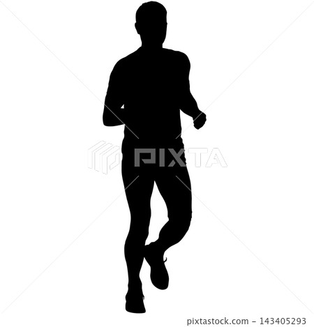 Black silhouette of a male runner running toward the viewer, front view, isolated on a white background. Black silhouette of a male runner running toward the viewer, front view, isolated on a white background. 143405293