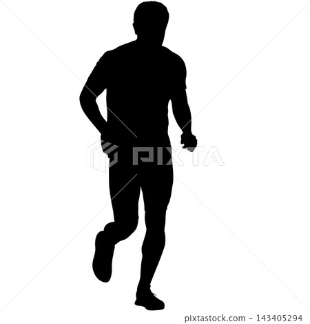 Black silhouette of a male runner running toward the viewer, front view, isolated on a white background. Black silhouette of a male runner running toward the viewer, front view, isolated on a white background. 143405294