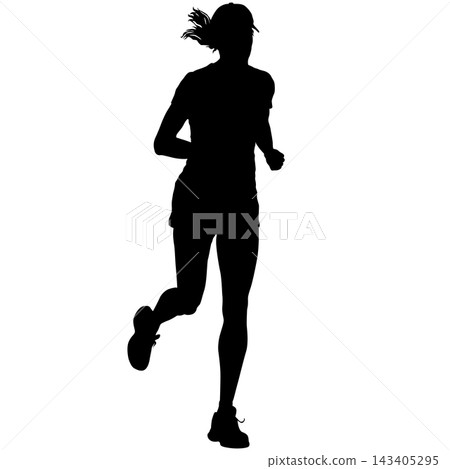 Black silhouette of a female runner running toward the viewer, front view, isolated on a white background. 143405295