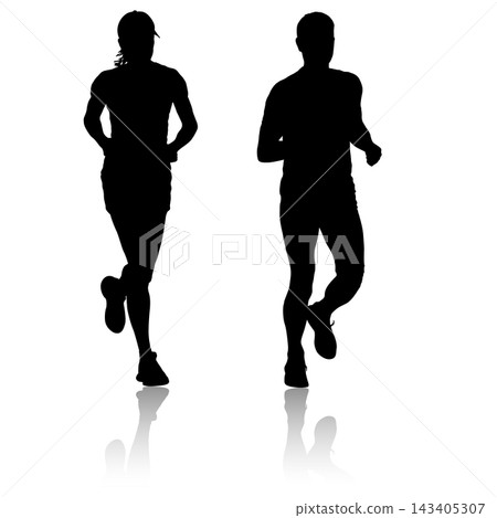 Collection of black silhouettes of male and female runners in different running poses isolated on a white background. Collection of black silhouettes of male and female runners in different running poses isolated on a white background. 143405307