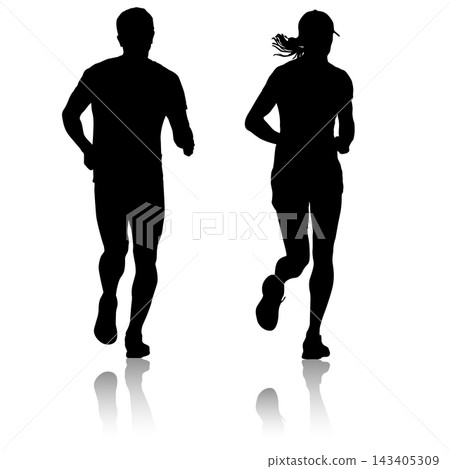 Collection of black silhouettes of male and female runners in different running poses isolated on a white background. Collection of black silhouettes of male and female runners in different running poses isolated on a white background. 143405309