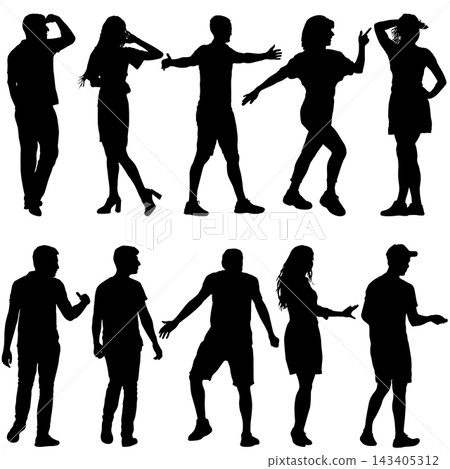 Collection of black silhouettes of men and women in different poses isolated on a white background. Collection of black silhouettes of men and women in different poses isolated on a white background. 143405312