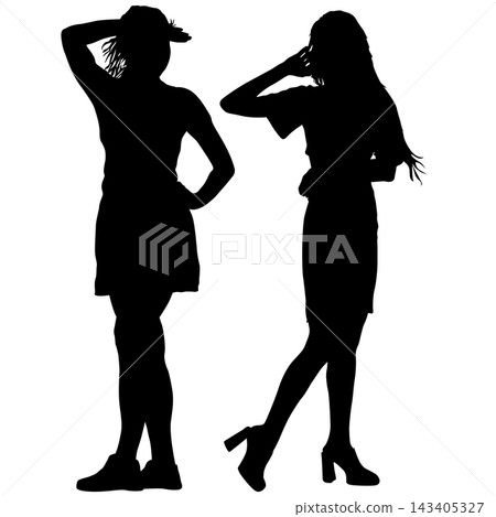 Black silhouette of a woman standing with raised arms in a joyful pose isolated on a white background. Black silhouette of a woman standing with raised arms in a joyful pose isolated on a white background. 143405327