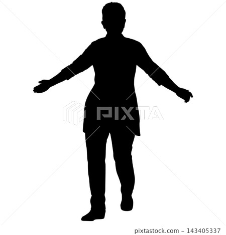 Black silhouette of a woman standing with raised arms in a joyful pose isolated on a white background. Black silhouette of a woman standing with raised arms in a joyful pose isolated on a white background. 143405337