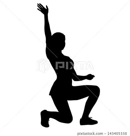 Black silhouette of a woman crouching with her knees bent isolated on a white background. Black silhouette of a woman crouching with her knees bent isolated on a white background. 143405338