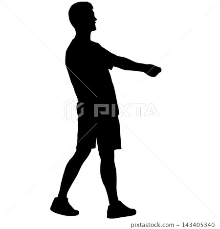 Black silhouette of a man standing with raised arms in a joyful pose isolated on a white background. Black silhouette of a man standing with raised arms in a joyful pose isolated on a white background. 143405340