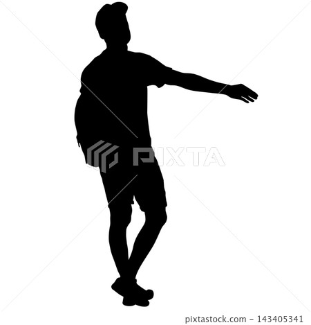 Black silhouette of a man standing with raised arms in a joyful pose isolated on a white background. 143405341