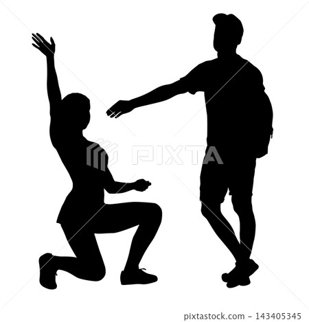 lack silhouette of a standing man offering his hand to a seated woman isolated on a white background. lack silhouette of a standing man offering his hand to a seated woman isolated on a white background. 143405345