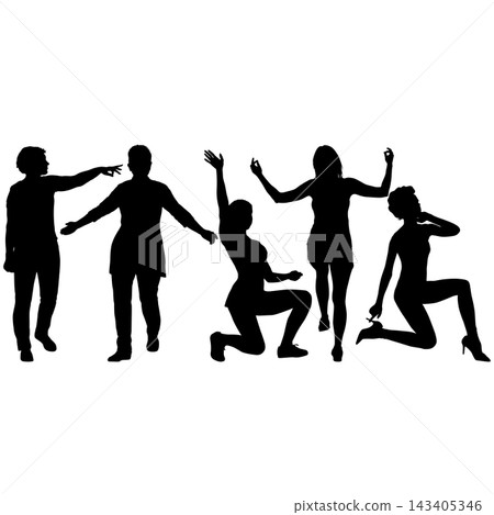 Collection of black silhouettes of men and women in different poses isolated on a white background. Collection of black silhouettes of men and women in different poses isolated on a white background. 143405346