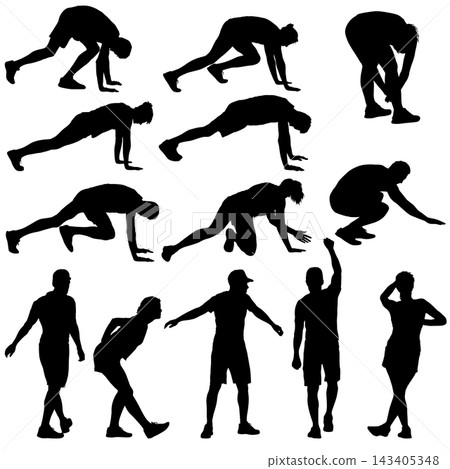Collection of black silhouettes of men and women doing push ups in different poses isolated on a white background Collection of black silhouettes of men and women doing push ups in different poses isolated on a white background 143405348