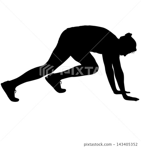Black silhouette of a woman doing push ups on the floor isolated on a white background. Black silhouette of a woman doing push ups on the floor isolated on a white background. 143405352