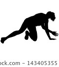 Black silhouette of a woman crouching with her knees bent isolated on a white background. 143405355