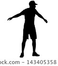 Black silhouette of a man standing with raised arms in a joyful pose isolated on a white background. 143405358