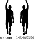 Black silhouette of a man standing with raised arms in a joyful pose isolated on a white background. 143405359