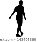 Black silhouette of a man standing with raised arms in a joyful pose isolated on a white background. 143405360