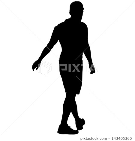 Black silhouette of a man standing with raised arms in a joyful pose isolated on a white background. Black silhouette of a man standing with raised arms in a joyful pose isolated on a white background. 143405360