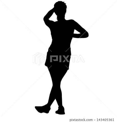 Black silhouette of a woman standing with raised arms in a joyful pose isolated on a white background. 143405361