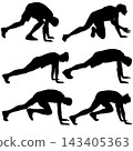 Collection of black silhouettes of men and women doing push ups in different poses isolated on a white background 143405363