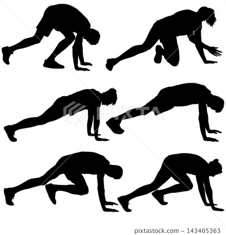 Collection of black silhouettes of men and women doing push ups in different poses isolated on a white background Collection of black silhouettes of men and women doing push ups in different poses isolated on a white background 143405363