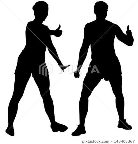 Black silhouette of a woman and man showing a thumbs up gesture isolated on a white background. Black silhouette of a woman and man showing a thumbs up gesture isolated on a white background. 143405367