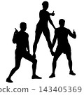 Black silhouette of a female acrobat standing on two male acrobats in a balanced performance pose isolated on a white background. 143405369