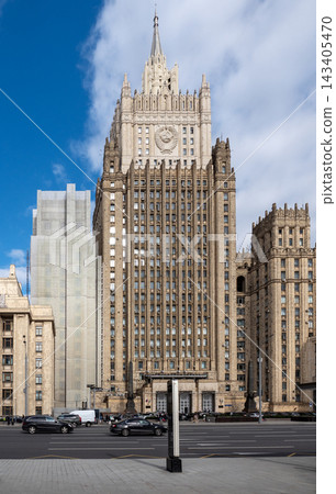 10 August 2026 Russia Moscow view of the Ministry of Foreign Affairs building with its distinctive Stalinist architecture and tower rising above the city 143405470