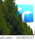 Two Lane Right Turn Road Sign Blocked by Thuja Green Fence at the Road near Intersection 143405537