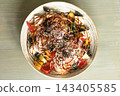 Mediterranean vegetable salad with feta cheese red onion olives and 143405585