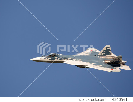 31 August 2019 Russia Zhukovsky MAKS Su-57 fifth generation fighter aircraft performing an aerobatic demonstration flight at the international air show 31 August 2019 Russia Zhukovsky MAKS Su-57 fifth generation fighter aircraft performing an aerobatic demonstration flight at the international air show 143405611