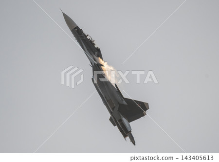 31 August 2019 Russia Zhukovsky MAKS black Sukhoi Su-30SM fighter aircraft piloted by Vyacheslav Averyanov performing an aerobatic demonstration flight 31 August 2019 Russia Zhukovsky MAKS black Sukhoi Su-30SM fighter aircraft piloted by Vyacheslav Averyanov performing an aerobatic demonstration flight 143405613