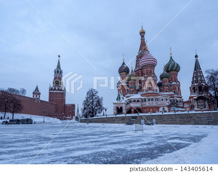 7 February 2026 Russia Moscow Red Square with Spasskaya Tower and Saint Basil's Cathedral covered in snow during winter 7 February 2026 Russia Moscow Red Square with Spasskaya Tower and Saint Basil's Cathedral covered in snow during winter 143405614