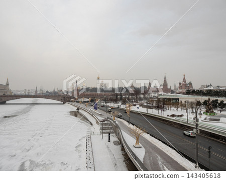 7 February 2026 Russia Moscow view of Zaryadye Bridge Spasskaya Tower Saint Basil's Cathedral and Moscow Kremlin during winter 7 February 2026 Russia Moscow view of Zaryadye Bridge Spasskaya Tower Saint Basil's Cathedral and Moscow Kremlin during winter 143405618