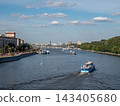 10 August 2026 Russia Moscow view from Andreevsky Bridge toward Krymsky Bridge with boats sailing along the Moskva River and urban waterfront 143405680