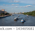 10 August 2026 Russia Moscow view from Andreevsky Bridge toward Krymsky Bridge with boats sailing along the Moskva River and urban waterfront 143405681