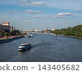 10 August 2026 Russia Moscow view from Andreevsky Bridge toward Krymsky Bridge with boats sailing along the Moskva River and urban waterfront 143405682