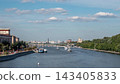 Moscow Russia August 10 2026 Timelapse of Krymsky Bridge Moscow River and Gorky Park with numerous tourist boats cruising along the river 143405833