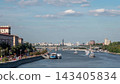 Moscow Russia August 10 2026 Timelapse of Krymsky Bridge Moscow River and Gorky Park with numerous tourist boats cruising along the river 143405834