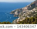 Aerial View from Ravello overlooking the Amalfi Coast in Italy. Aerial view of terraced fields, lush greenery, and the Mediterranean Sea 143406347