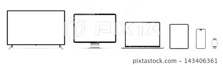 Realistic television, computer monitor, laptop, tablet pc, smartphone and smart watch devices blank screen mockup Realistic television, computer monitor, laptop, tablet pc, smartphone and smart watch devices blank screen mockup 143406361