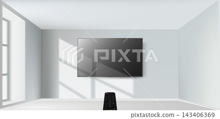 Watching online TV with remote control. Remote control is pointed at the TV on the wall. Watching online TV with remote control. Remote control is pointed at the TV on the wall. 143406369