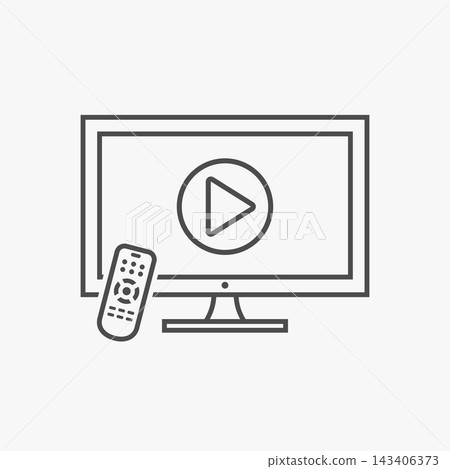 TV with play video button on screen and remote control. Flat line icon. TV with play video button on screen and remote control. Flat line icon. 143406373