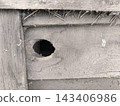 Close-up of a hole in a textured wooden wall 143406986