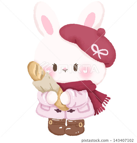 Cute Paris Christmas Bunny Holding Baguette Wearing Pink Coat Red Beret and Cozy Scarf Illustration Cute Paris Christmas Bunny Holding Baguette Wearing Pink Coat Red Beret and Cozy Scarf Illustration 143407102
