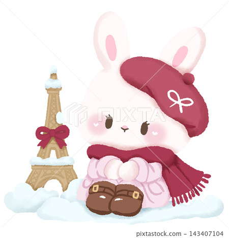 Cute Paris Christmas Bunny Sitting in Snow Beside Eiffel Tower Wearing Pink Winter Coat and Red Beret Illustration Cute Paris Christmas Bunny Sitting in Snow Beside Eiffel Tower Wearing Pink Winter Coat and Red Beret Illustration 143407104