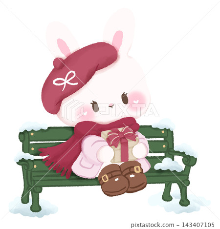 Cute Paris Christmas Bunny Sitting on Green Snowy Park Bench Holding Wrapped Christmas Gift Illustration Cute Paris Christmas Bunny Sitting on Green Snowy Park Bench Holding Wrapped Christmas Gift Illustration 143407105